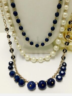 Talbots Classic Navy Pearl Layered Necklace Set